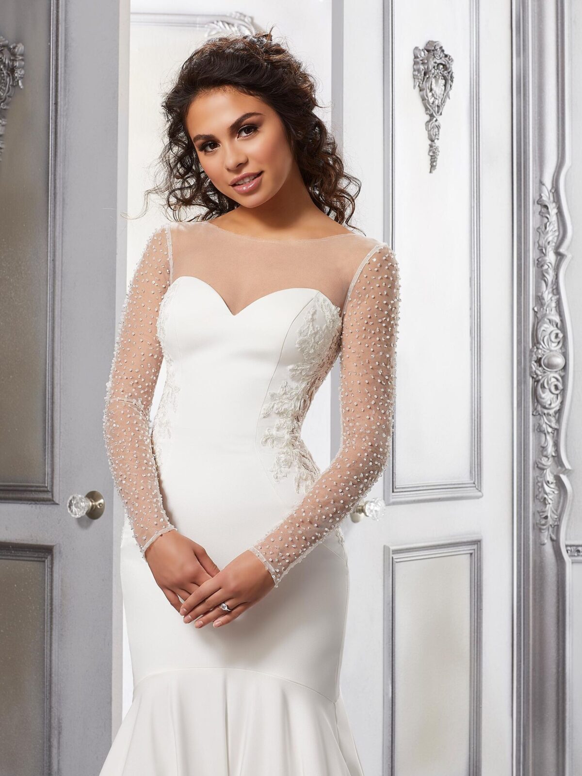 Morilee 11363 - Pearl & Crystal Beaded Net Sleeves